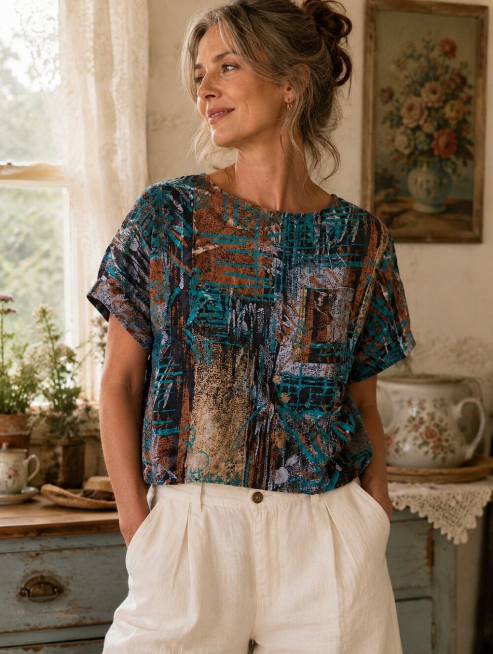 VTG 80s Cristina's Made in USA Abstract Art Print Boxy Crop Blouse Top S Pads